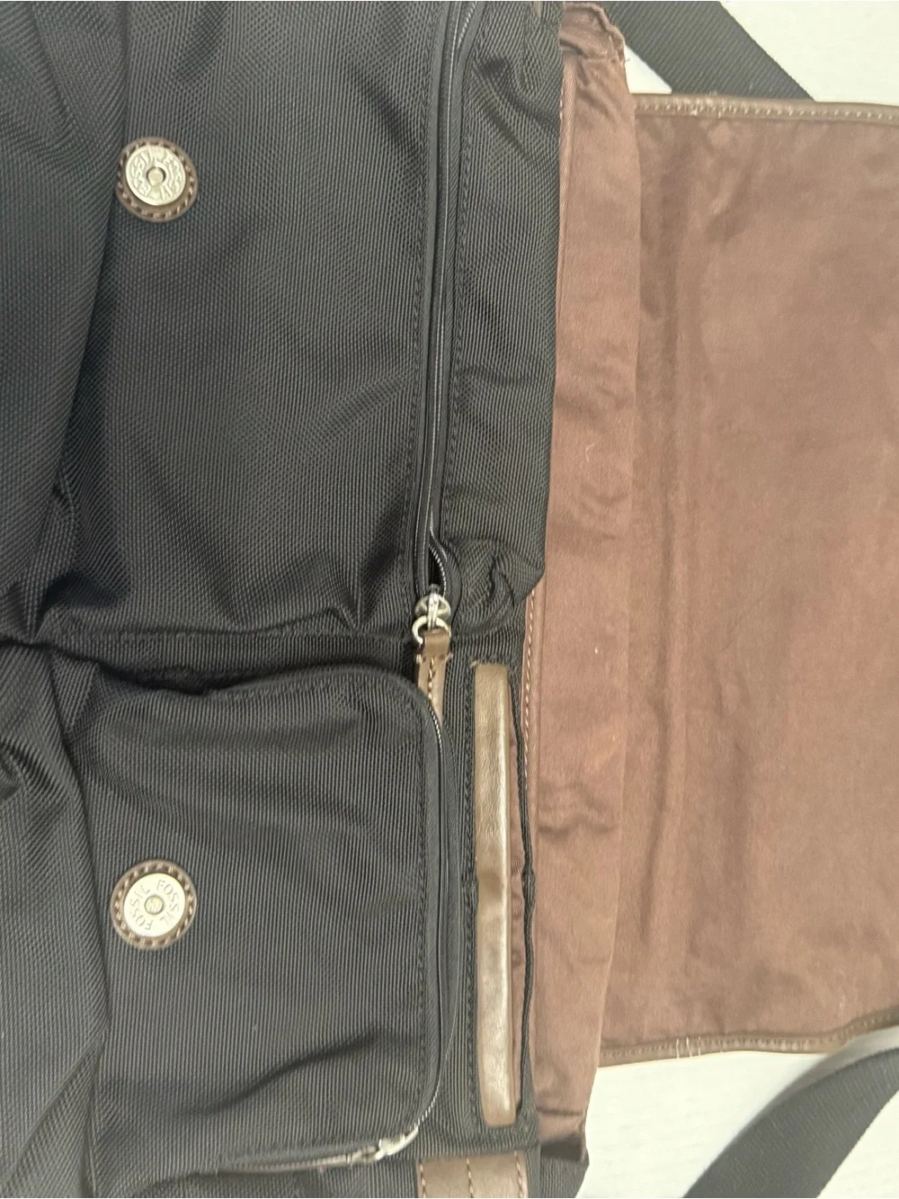 Fossil Black Messenger Bag with Brown Trim